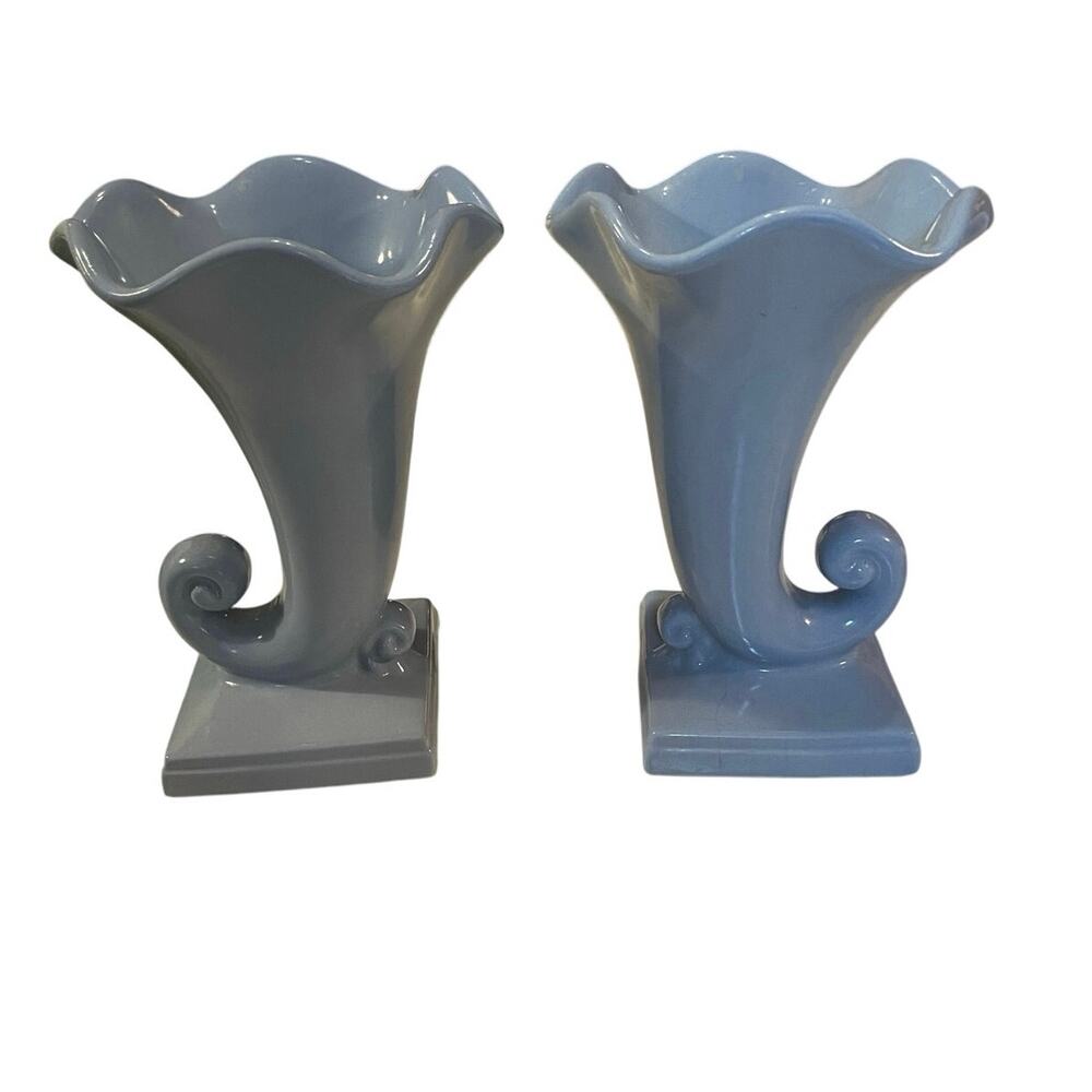 MCM Abingdon Pottery Pair Blue Cornucopia Vases vintage stamped USA 505 7x5x4.25